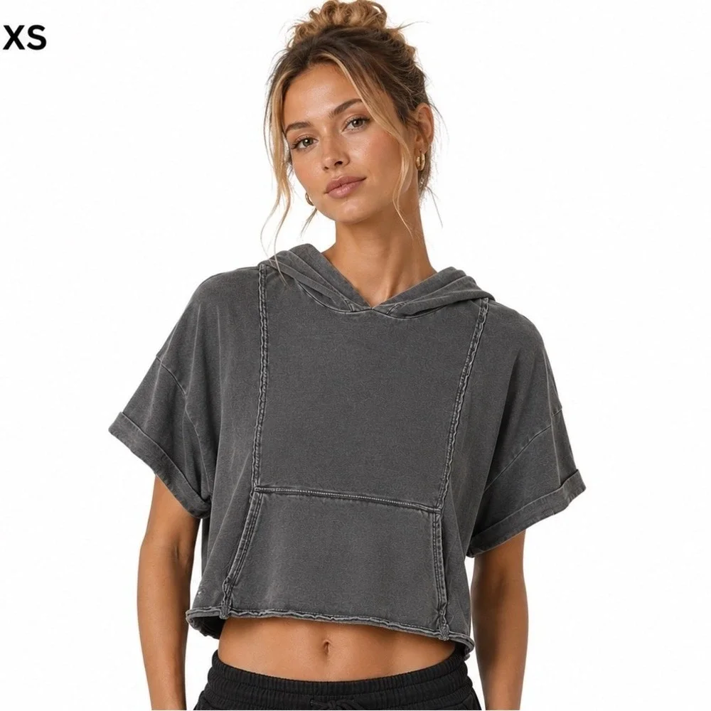 Free People FP Movement Hoodie Women's XS Gray Cropped Oversized Raw Seam USA